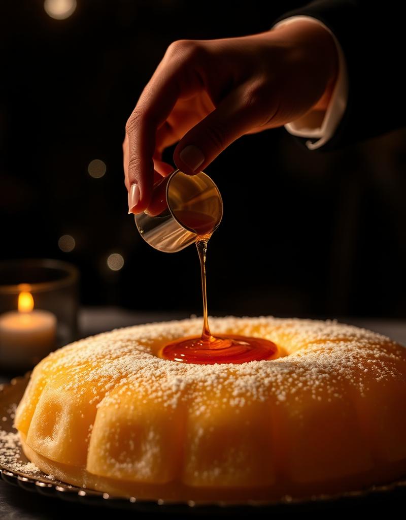 Syrup poured over fresh dessert